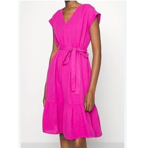 Gap Fuchsia Pink VNeck Belted Short Sleeve Tiered Cotton Dress Small